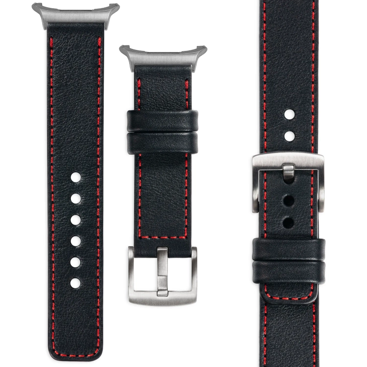 moVear Prestige C1 Skórzany pasek 22mm do Samsung Galaxy Watch Ultra | Czarny, czerwone przeszycie [rozmiary XS-XXL i klamra do wyboru]