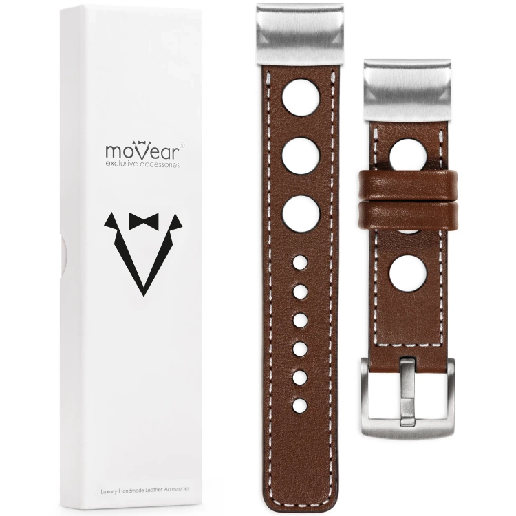 moVear Prestige R1 Skórzany pasek do Garmin QuickFit 26mm (Fenix / Epix / Quatix / Tactix / Enduro - 51mm) | Ciemnobrązowy, białe przeszycie [rozmiary XS-XXL i klamra do wyboru]