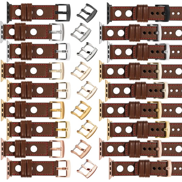 moVear Prestige R1 Skórzany pasek 24mm do Apple Watch 10 / 9 / 8 / 7 / 6 / 5 / 4 / SE (46/45/44mm) & Ultra (49mm) | Ciemnobrązowy, czerwone przeszycie [rozmiary XS-XXL i klamra do wyboru]