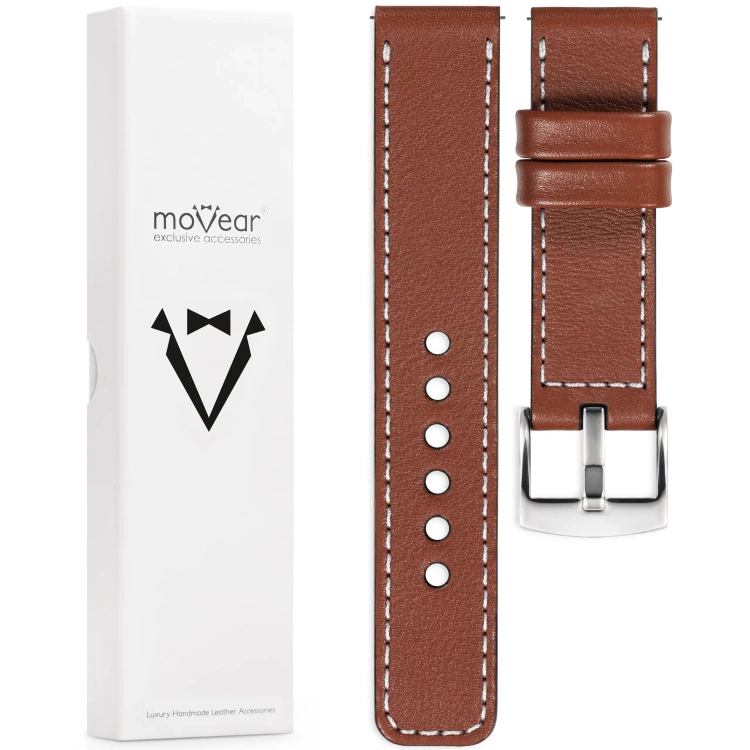 moVear Prestige C1 Skórzany pasek 22mm do zegarka | Brązowy, białe przeszycie [rozmiary XS-XXL i klamra do wyboru]