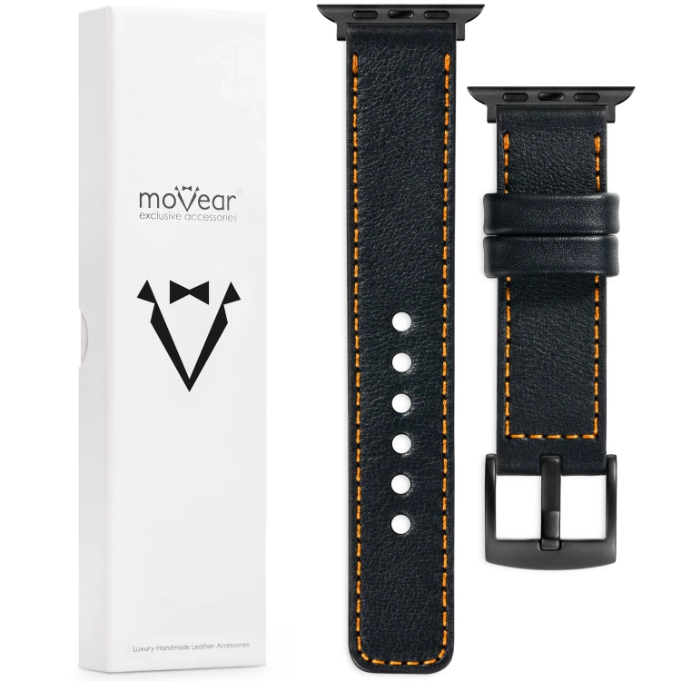 moVear Prestige C1 Skórzany pasek 22mm do Apple Watch 10 / 9 / 8 / 7 / 6 / 5 / 4 / SE (42/41/40mm) | Czarny, pomarańczowe przeszycie [rozmiary XS-XXL i klamra do wyboru]