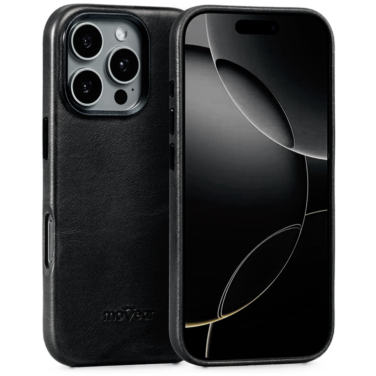 moVear backCover 4S Skórzane plecki do Apple iPhone 16 Pro Max (6.9") | kompatybilne z MagSafe, Skóra naturalna olejowana (Czarna)