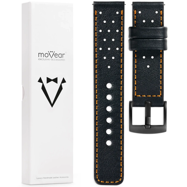 moVear Prestige R2 Skórzany pasek 18mm do zegarka | Czarny, pomarańczowe przeszycie [rozmiary XS-XXL i klamra do wyboru]