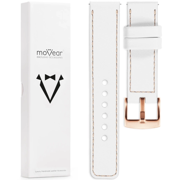 moVear Prestige C1 Skórzany pasek 20mm do zegarka | Biały, różowe cieliste przeszycie [rozmiary XS-XXL i klamra do wyboru]