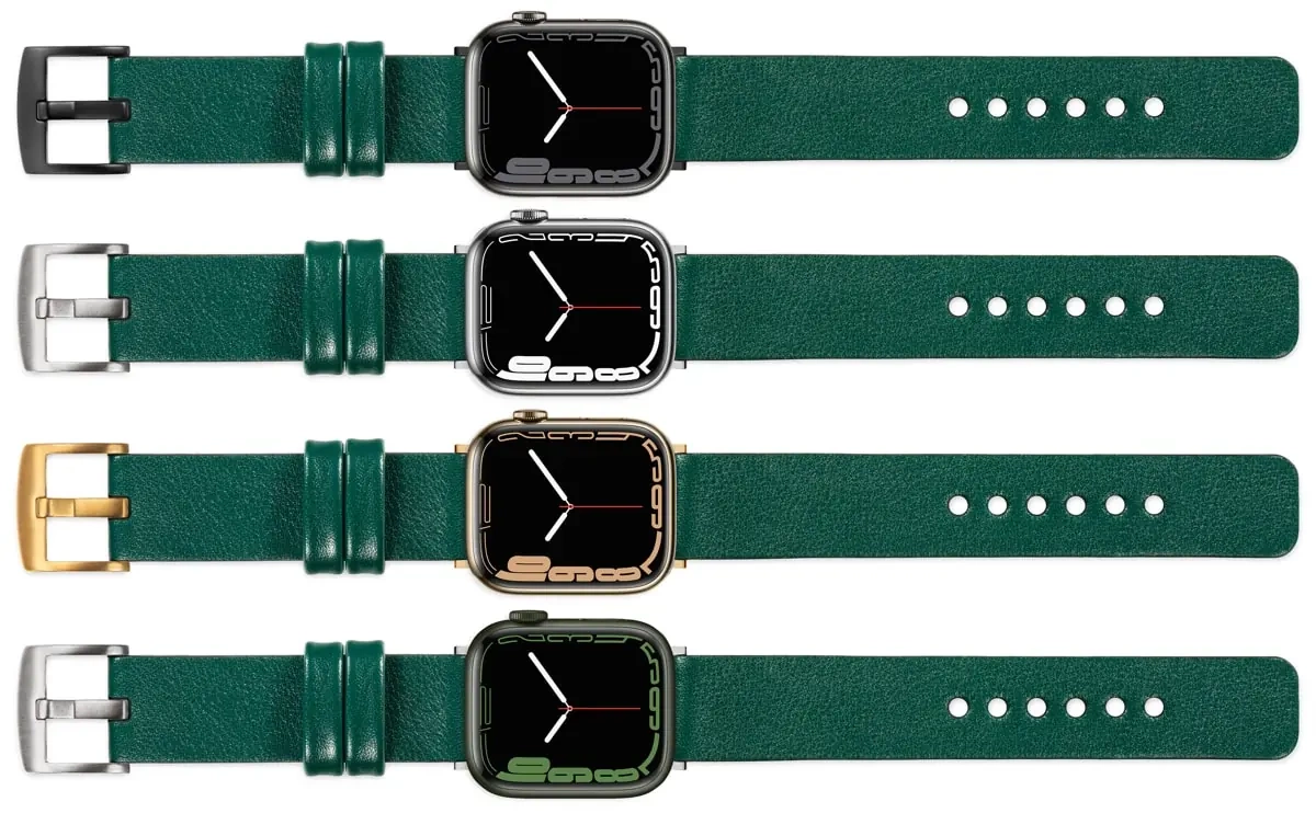moVear Prestige S1 Skórzany pasek 20mm do Apple Watch 10 / 9 / 8 / 7 / 6 / 5 / 4 / SE (46/45/44mm) & Ultra (49mm) | Zielony butelkowy [adapter i klamra do wyboru]