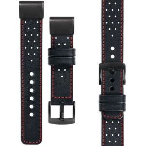 moVear Prestige R2 Skórzany pasek do Garmin QuickFit 22mm (Fenix / Forerunner / Epix / Instinct / Enduro / Quatix / MARQ - 47/45mm) | Czarny, czerwone przeszycie [rozmiary XS-XXL i klamra do wyboru]