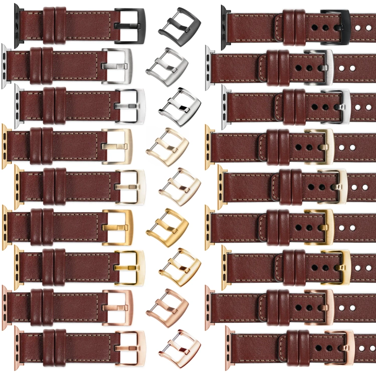 moVear Prestige C1 Skórzany pasek 22mm do Apple Watch 10 / 9 / 8 / 7 / 6 / 5 / 4 / SE (46/45/44mm) & Ultra (49mm) | Kasztanowy, kremowe przeszycie [rozmiary XS-XXL i klamra do wyboru]