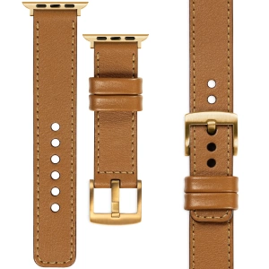 moVear Prestige C1 Skórzany pasek 22mm do Apple Watch 10 / 9 / 8 / 7 / 6 / 5 / 4 / SE (46/45/44mm) & Ultra (49mm) | Jasnobrązowy, złote przeszycie [rozmiary XS-XXL i klamra do wyboru]