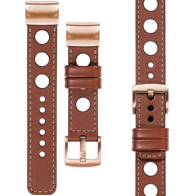 moVear Prestige R1 Skórzany pasek do Garmin QuickFit 20mm (Fenix / Instinct - 43/42/40mm) | Brązowy, różowe złoto przeszycie [rozmiary XS-XXL i klamra do wyboru]