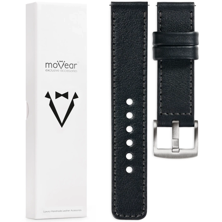 moVear Prestige C1 Skórzany pasek 22mm do zegarka | Czarny, grafitowe przeszycie [rozmiary XS-XXL i klamra do wyboru]