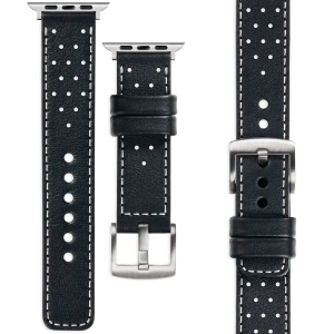 moVear Prestige R2 Skórzany pasek 24mm do Apple Watch 10 / 9 / 8 / 7 / 6 / 5 / 4 / SE (46/45/44mm) & Ultra (49mm) | Czarny, białe przeszycie [rozmiary XS-XXL i klamra do wyboru]