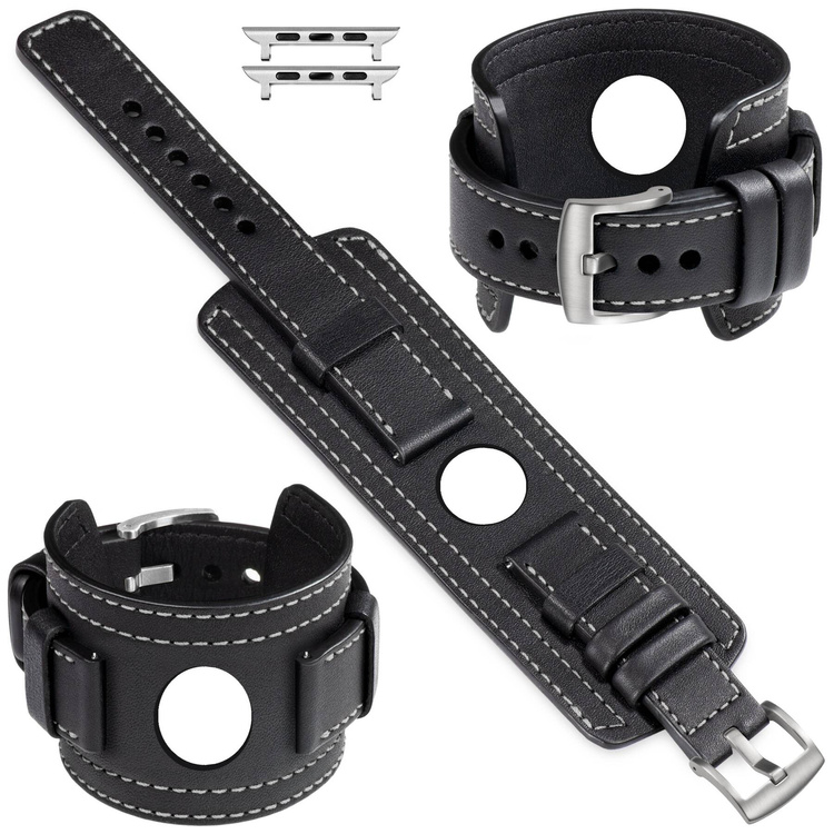 moVear Prestige CW1 Szeroki skórzany pasek 24mm do Apple Watch 10 / 9 / 8 / 7 / 6 / 5 / 4 / SE (46/45/44mm) & Ultra (49mm) | Czarny, białe przeszycie [rozmiary XS-XXL i klamra do wyboru]