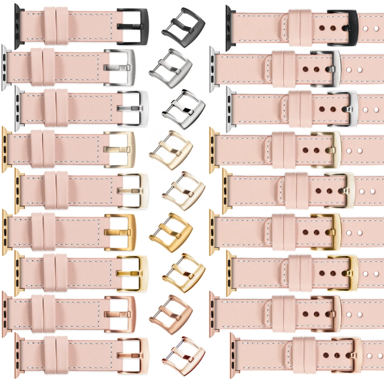 moVear Prestige C1 Skórzany pasek 22mm do Apple Watch 10 / 9 / 8 / 7 / 6 / 5 / 4 / SE (46/45/44mm) & Ultra (49mm) | Różowy cielisty, białe przeszycie [rozmiary XS-XXL i klamra do wyboru]