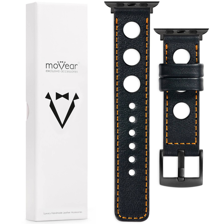 moVear Prestige R1 Skórzany pasek 20mm do Apple Watch 8 / 7 / 6 / 5 / 4 / SE (41/40mm) | Czarny, pomarańczowe przeszycie [rozmiar i klamra do wyboru]
