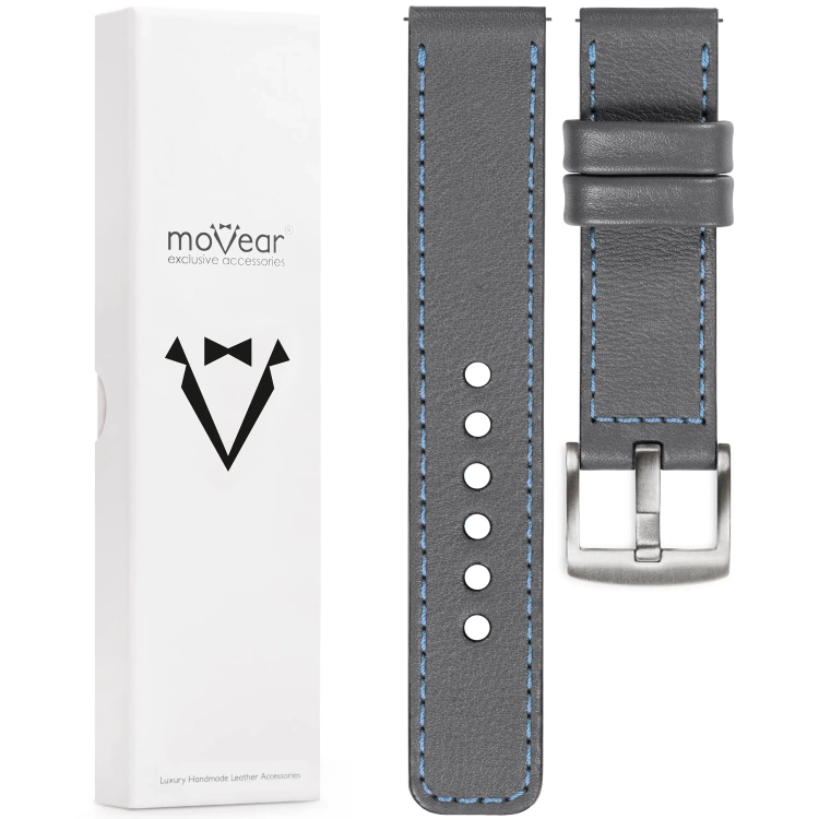 moVear Prestige C1 Skórzany pasek 20mm do zegarka | Szary, błękitne przeszycie [rozmiary XS-XXL i klamra do wyboru]