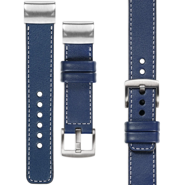 moVear Prestige C1 Skórzany pasek do Garmin QuickFit 22mm (Fenix / Forerunner / Epix / Instinct / Enduro / Quatix / MARQ - 47/45mm) | Granatowy, białe przeszycie [rozmiary XS-XXL i klamra do wyboru]