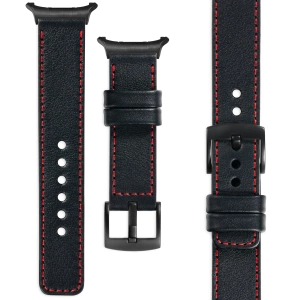 moVear Prestige C1 Skórzany pasek 24mm do Samsung Galaxy Watch Ultra | Czarny, czerwone przeszycie [rozmiary XS-XXL i klamra do wyboru]