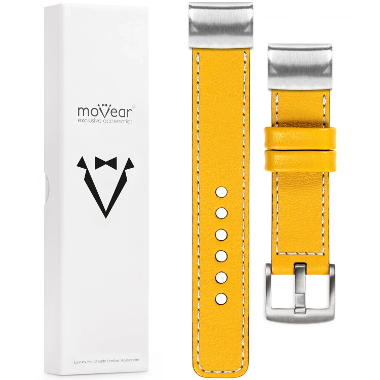 moVear Prestige C1 Skórzany pasek do Garmin QuickFit 26mm (Fenix / Epix / Quatix / Tactix / Enduro - 51mm) | Żółty, białe przeszycie [rozmiary XS-XXL i klamra do wyboru]