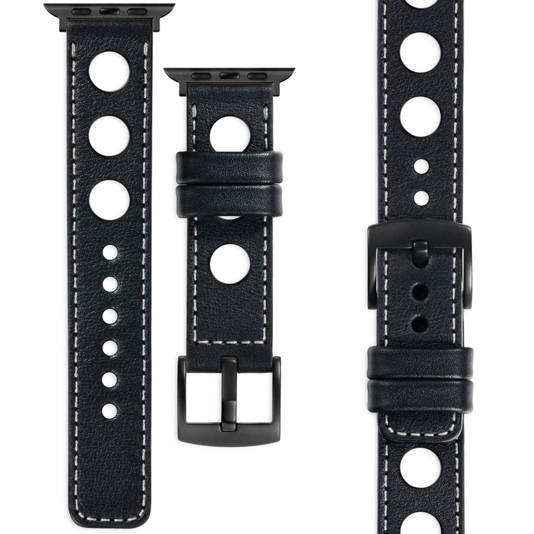 moVear Prestige R1 Skórzany pasek 20mm do Apple Watch 8 / 7 / 6 / 5 / 4 / SE (45/44mm) & Ultra (49mm) | Czarny, srebrne przeszycie [rozmiar i klamra do wyboru]