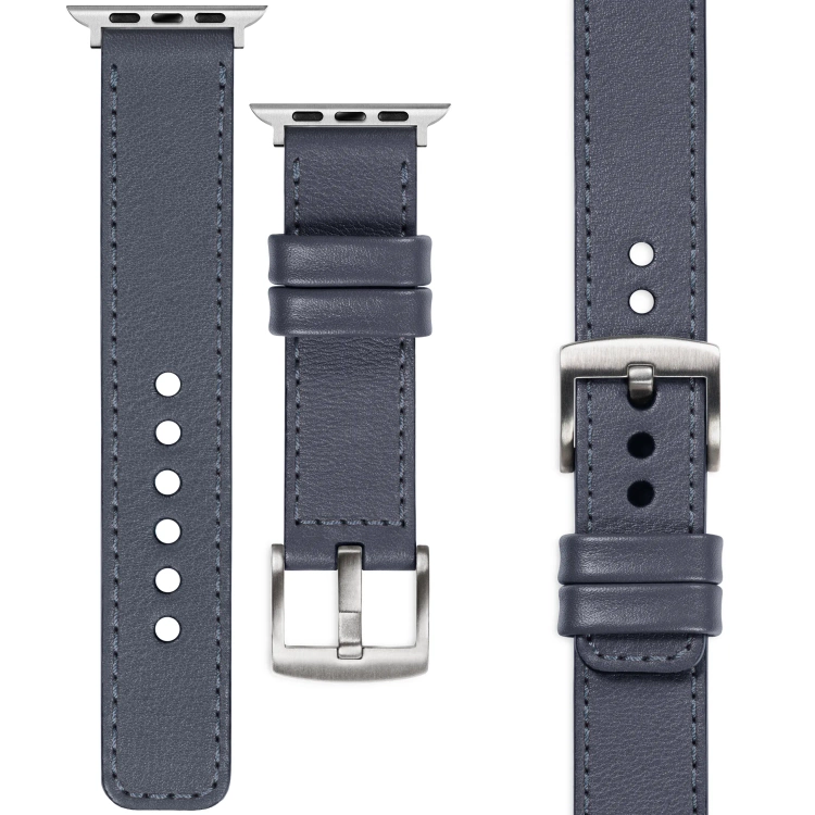 moVear Prestige C1 Skórzany pasek 20mm do Apple Watch 10 / 9 / 8 / 7 / 6 / 5 / 4 / SE (46/45/44mm) & Ultra (49mm) | Szary stalowy, szare stalowe przeszycie [rozmiary XS-XXL i klamra do wyboru]