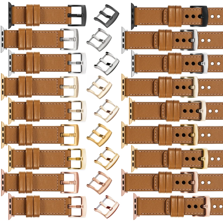 moVear Prestige C1 Skórzany pasek 22mm do Apple Watch 10 / 9 / 8 / 7 / 6 / 5 / 4 / SE (46/45/44mm) & Ultra (49mm) | Jasnobrązowy, różowe złoto przeszycie [rozmiary XS-XXL i klamra do wyboru]