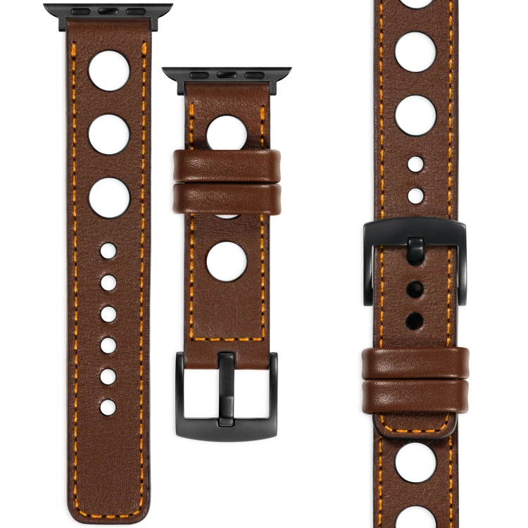 moVear Prestige R1 Skórzany pasek 24mm do Apple Watch 10 / 9 / 8 / 7 / 6 / 5 / 4 / SE (46/45/44mm) & Ultra (49mm) | Ciemnobrązowy, pomarańczowe przeszycie [rozmiary XS-XXL i klamra do wyboru]