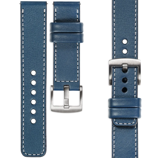 moVear Prestige C1 Skórzany pasek 20mm do Garmin Vivoactive 5/3, Vivomove 3, Venu 2 | Niebieski jeans, białe przeszycie [rozmiary XS-XXL i klamra do wyboru]