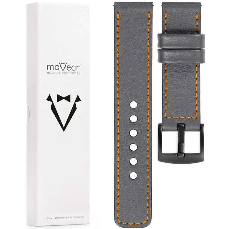 moVear Prestige C1 Skórzany pasek 20mm do zegarka | Szary, pomarańczowe przeszycie [rozmiary XS-XXL i klamra do wyboru]
