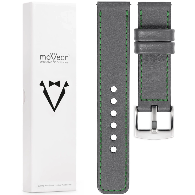 moVear Prestige C1 Skórzany pasek 20mm do zegarka | Szary, zielone przeszycie [rozmiary XS-XXL i klamra do wyboru]