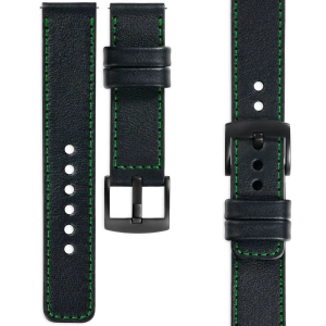 moVear Prestige C1 Skórzany pasek 20mm do zegarka | Czarny, zielone przeszycie [rozmiary XS-XXL i klamra do wyboru]