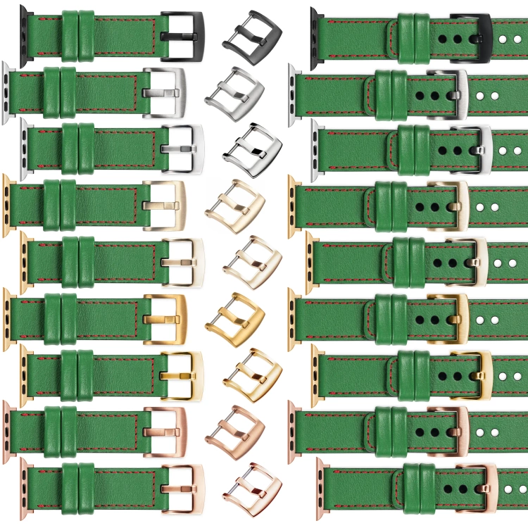 moVear Prestige C1 Skórzany pasek 22mm do Apple Watch 10 / 9 / 8 / 7 / 6 / 5 / 4 / SE (46/45/44mm) & Ultra (49mm) | Zielony, czerwone przeszycie [rozmiary XS-XXL i klamra do wyboru]
