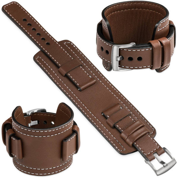 moVear Prestige CW1 Szeroki skórzany pasek 24mm do zegarka | Ciemnobrązowy, białe przeszycie [rozmiary XS-XXL i klamra do wyboru]