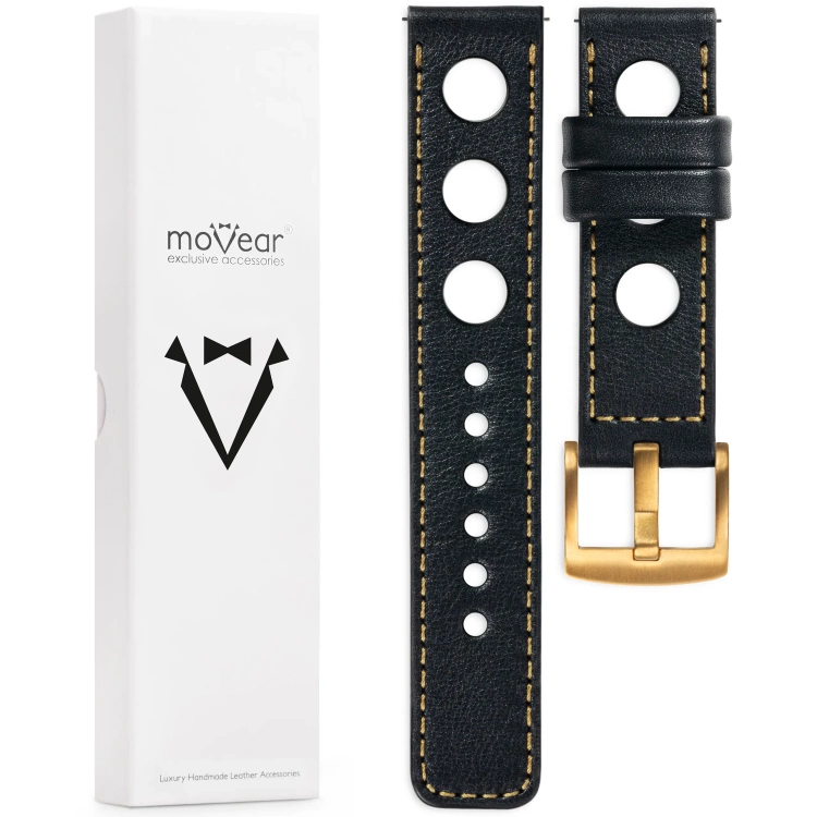 moVear Prestige R1 Skórzany pasek 22mm do zegarka | Czarny, złote przeszycie [rozmiary XS-XXL i klamra do wyboru]
