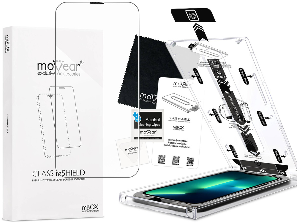 moVear mBOX GLASS mSHIELD 2.5D do Apple iPhone 16e / 14 / 13 / 13 Pro (6.1") (łatwy montaż)