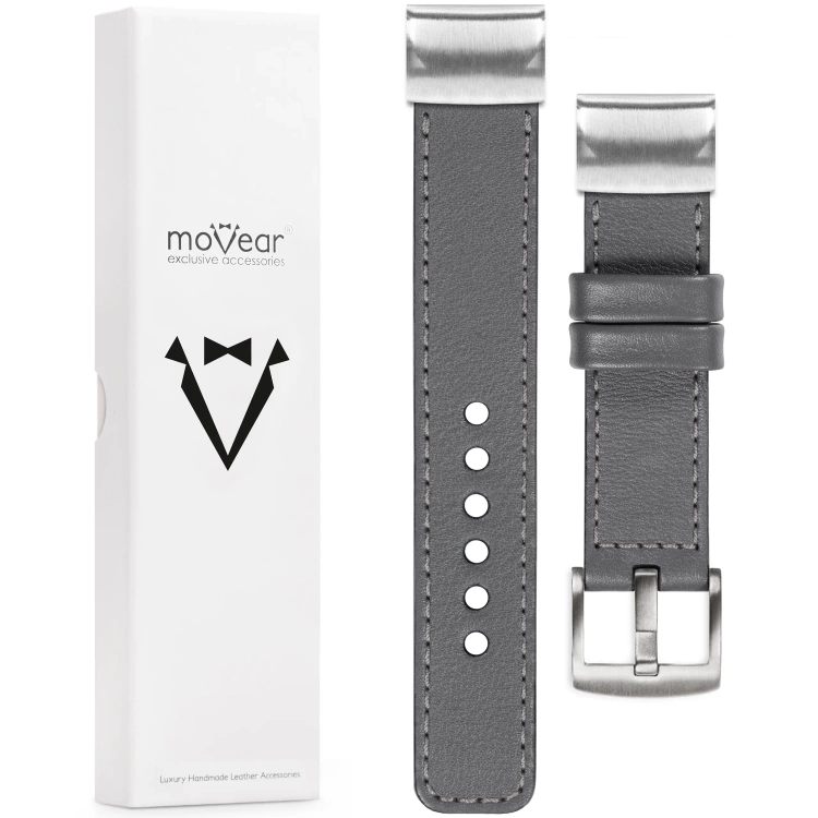 moVear Prestige C1 Skórzany pasek do Garmin QuickFit 26mm (Fenix / Epix / Quatix / Tactix / Enduro - 51mm) | Szary, szare przeszycie [rozmiary XS-XXL i klamra do wyboru]
