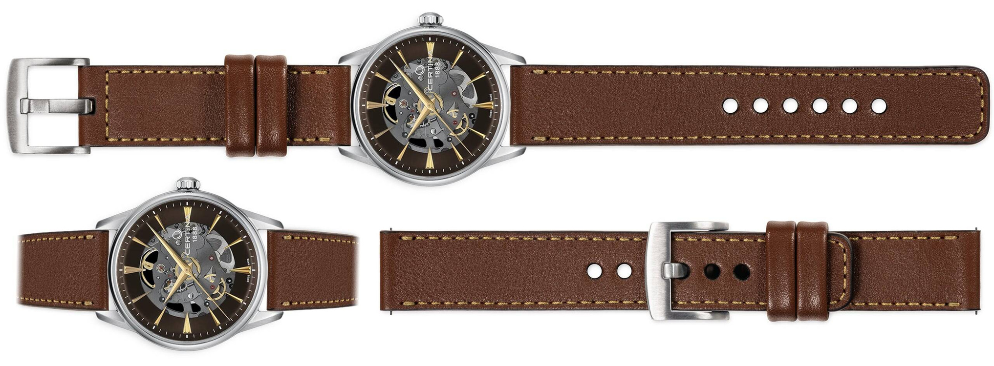 moVear Prestige C1 Skórzany pasek 20mm do Certina DS-1 Skeleton C029.907.16.081.00 | Ciemnobrązowy, złote przeszycie [rozmiary XS-XXL]
