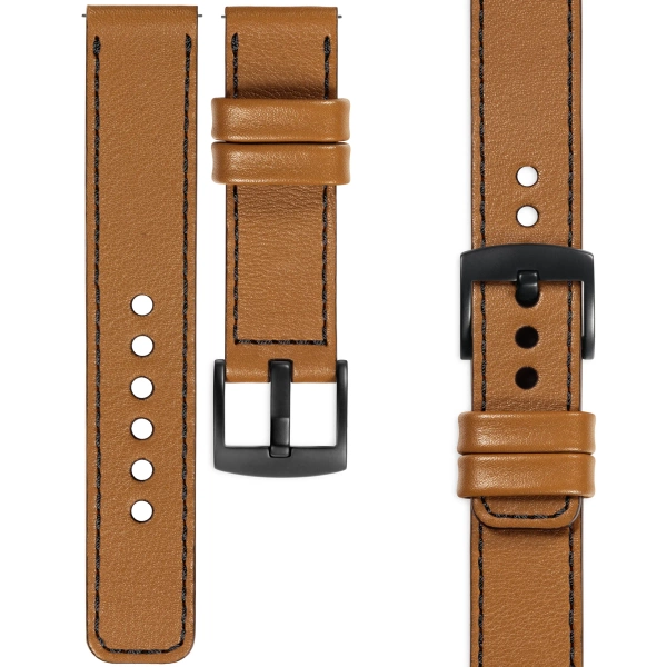 moVear Prestige C1 Skórzany pasek 20mm do zegarka | Jasnobrązowy, czarne przeszycie [rozmiary XS-XXL i klamra do wyboru]