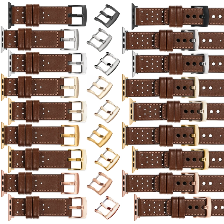 moVear Prestige R2 Skórzany pasek 22mm do Apple Watch 10 / 9 / 8 / 7 / 6 / 5 / 4 / SE (46/45/44mm) & Ultra (49mm) | Ciemnobrązowy, różowe złoto przeszycie [rozmiary XS-XXL i klamra do wyboru]