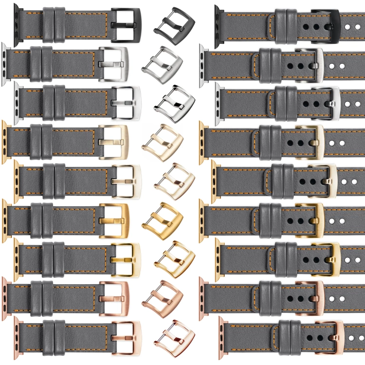 moVear Prestige C1 Skórzany pasek 22mm do Apple Watch 10 / 9 / 8 / 7 / 6 / 5 / 4 / SE (42/41/40mm) | Szary, pomarańczowe przeszycie [rozmiary XS-XXL i klamra do wyboru]