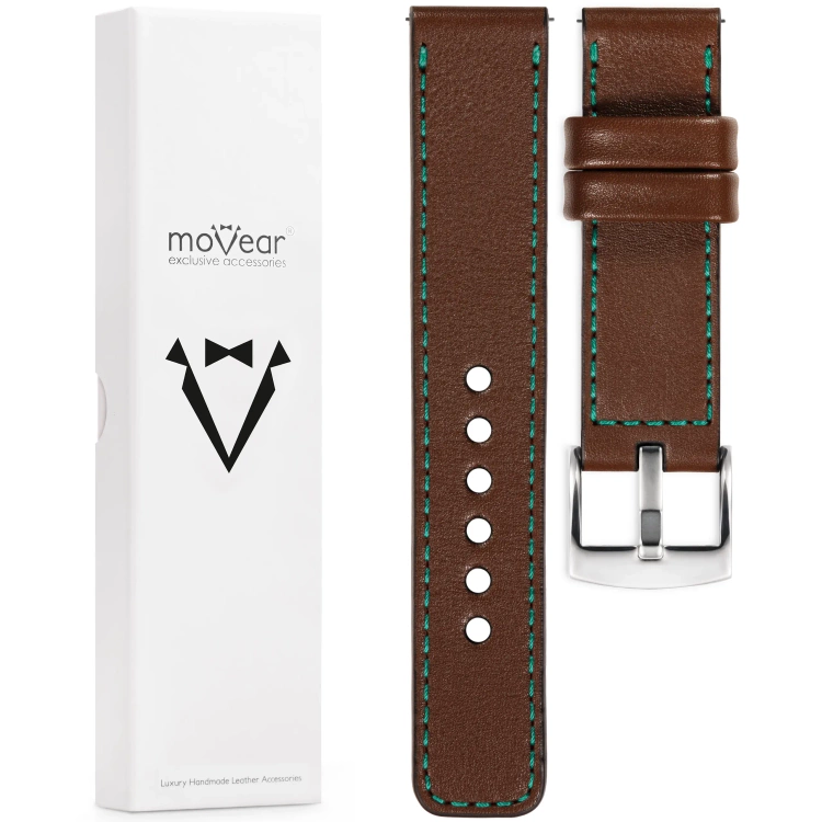 moVear Prestige C1 Skórzany pasek 24mm do zegarka | Ciemnobrązowy, turkusowe przeszycie [rozmiary XS-XXL i klamra do wyboru]