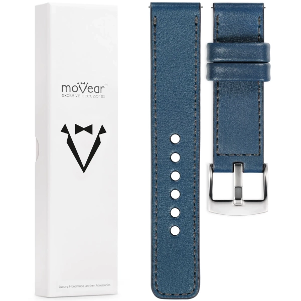 moVear Prestige C1 Skórzany pasek 24mm do zegarka | Niebieski jeans, grafitowe przeszycie [rozmiary XS-XXL i klamra do wyboru]