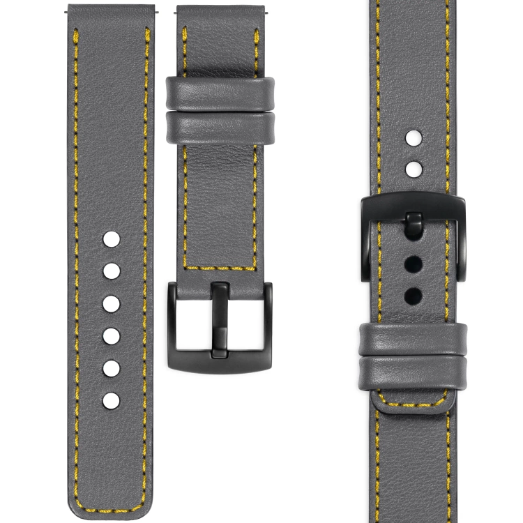 moVear Prestige C1 Skórzany pasek 22mm do zegarka | Szary, żółte przeszycie [rozmiary XS-XXL i klamra do wyboru]