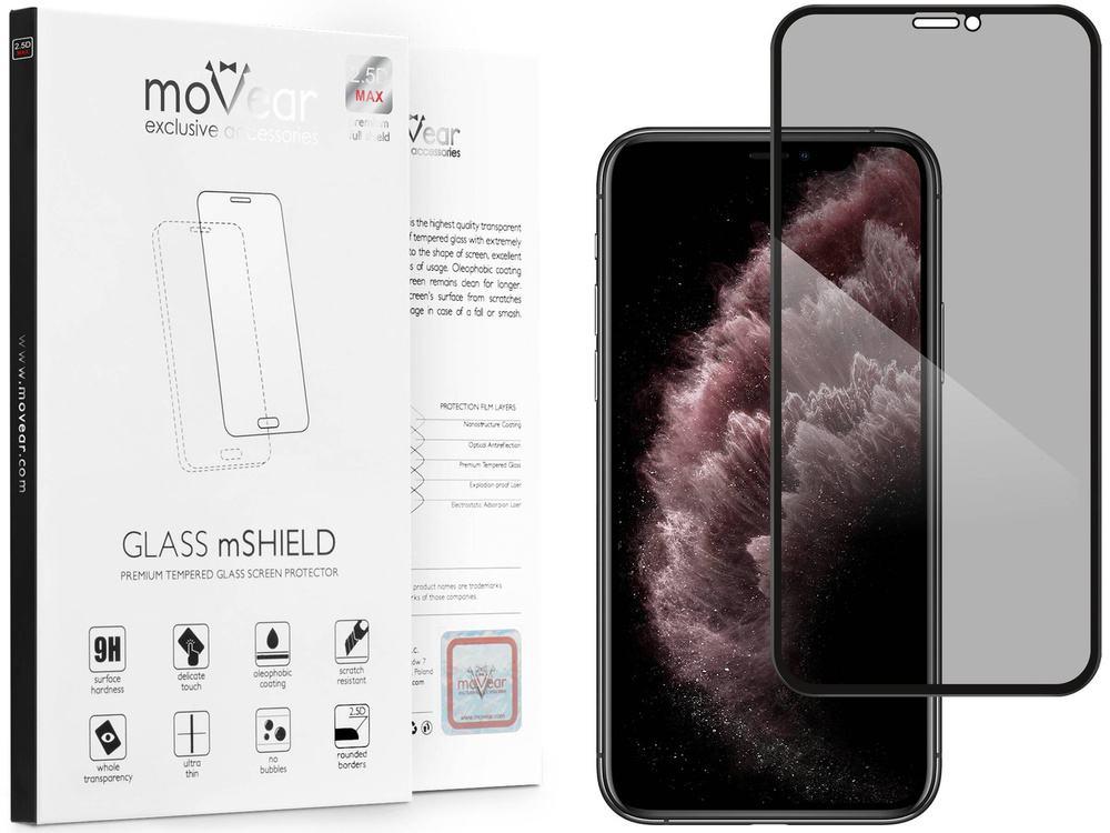 moVear GLASS mSHIELD 2.5D MAX privacy do Apple iPhone 11 Pro Max / Xs MAX (6.5") (Prywatyzujące, kompatybilne z etui)