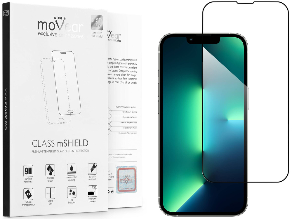 moVear GLASS mSHIELD 2.5D MAX do Apple iPhone 16e / 14 / 13 / 13 Pro (6.1") (kompatybilne z etui)