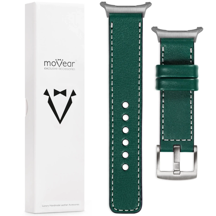 moVear Prestige C1 Skórzany pasek 22mm do Samsung Galaxy Watch Ultra | Zielony butelkowy, białe przeszycie [rozmiary XS-XXL i klamra do wyboru]