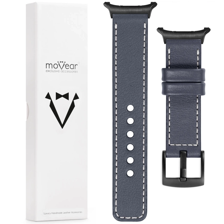 moVear Prestige C1 Skórzany pasek 24mm do Samsung Galaxy Watch Ultra | Szary stalowy, białe przeszycie [rozmiary XS-XXL i klamra do wyboru]