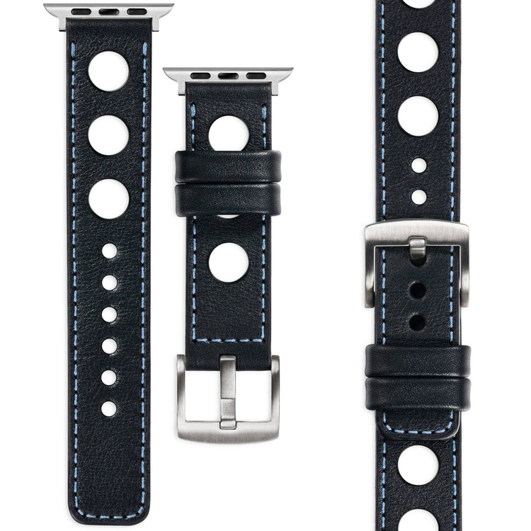 moVear Prestige R1 Skórzany pasek 20mm do Apple Watch 8 / 7 / 6 / 5 / 4 / SE (41/40mm) | Czarny, błękitne przeszycie [rozmiar i klamra do wyboru]