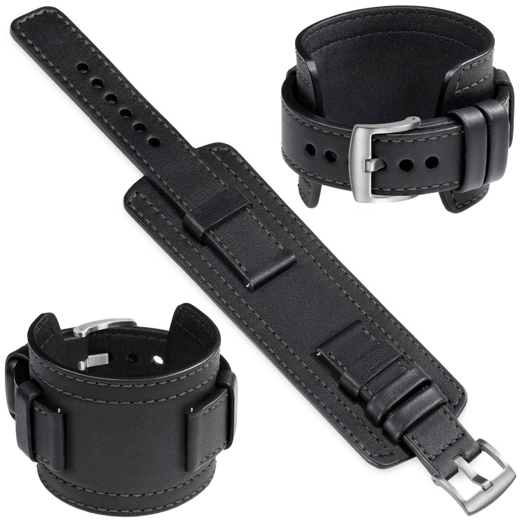 moVear Prestige CW1 Szeroki skórzany pasek 22mm do zegarka | Czarny, grafitowe przeszycie [rozmiary XS-XXL i klamra do wyboru]