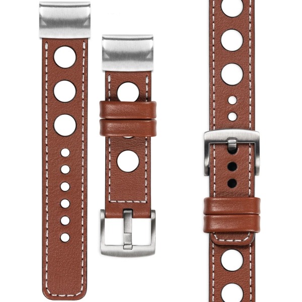 moVear Prestige R1 Skórzany pasek do Garmin QuickFit 22mm (Fenix / Forerunner / Epix / Instinct / Enduro / Quatix / MARQ - 47/45mm) | Brązowy, białe przeszycie [rozmiary XS-XXL i klamra do wyboru]