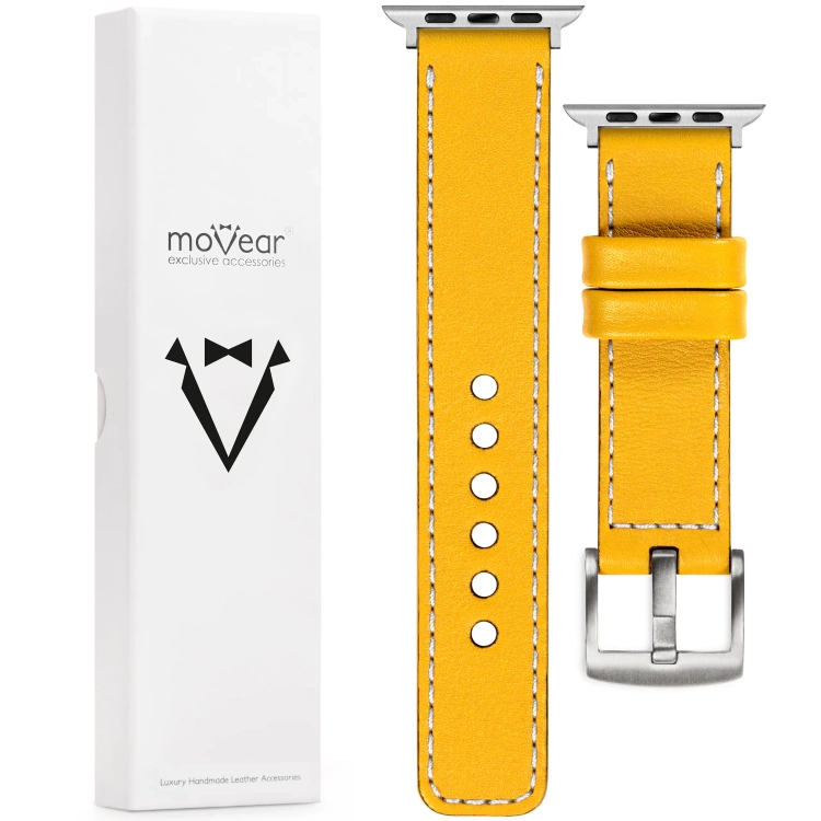 moVear Prestige C1 Skórzany pasek 20mm do Apple Watch 10 / 9 / 8 / 7 / 6 / 5 / 4 / SE (46/45/44mm) & Ultra (49mm) | Żółty, białe przeszycie [rozmiary XS-XXL i klamra do wyboru]